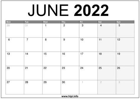 June 22 Calendar Printable